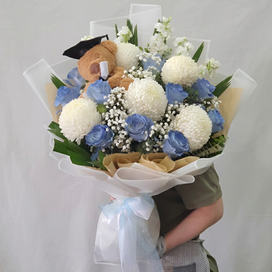 Blue & White Graduation Large with Bear