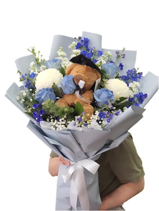 Blue& White Graduation Medium with Bear