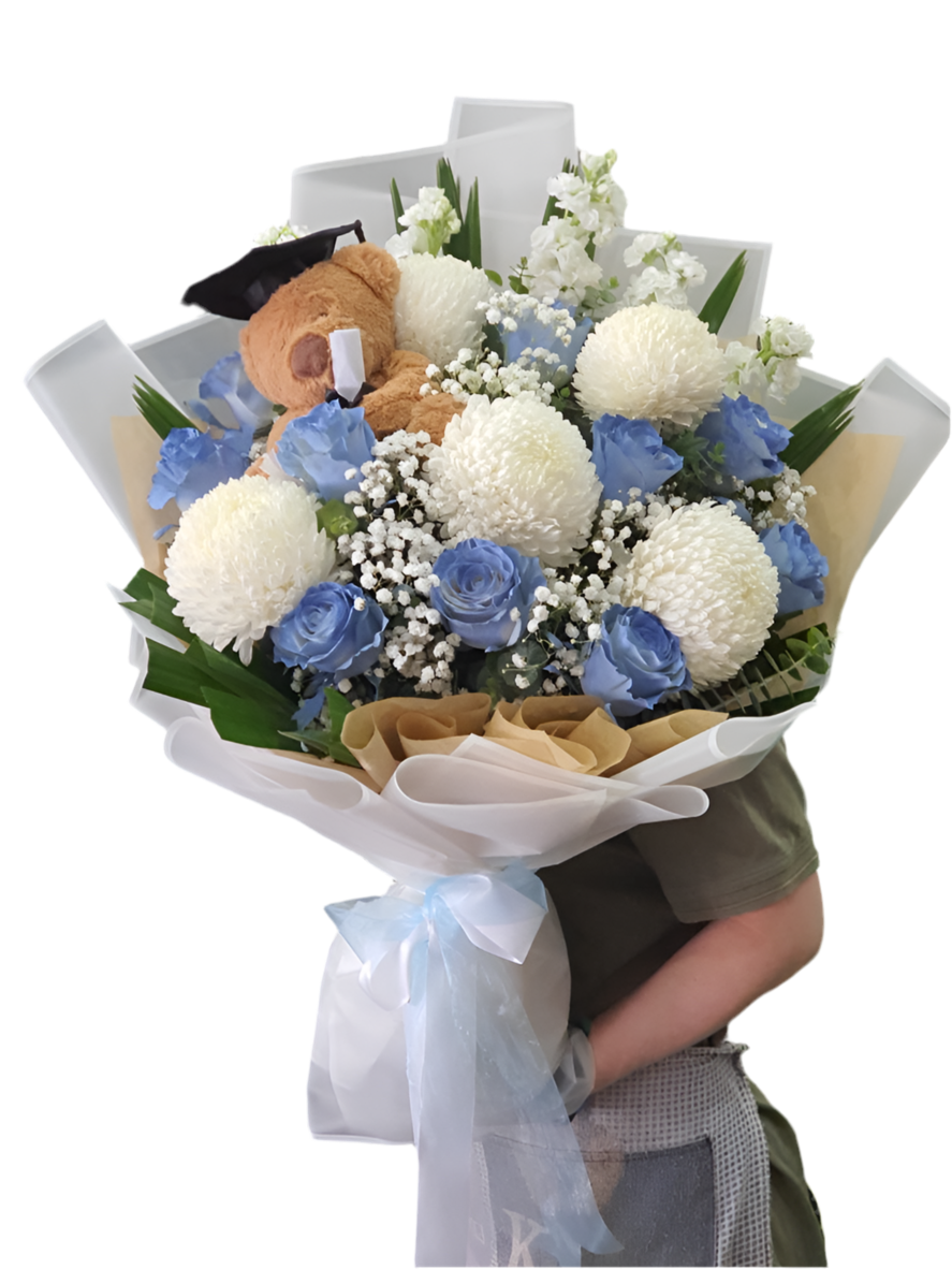 Blue & White Graduation with Bear